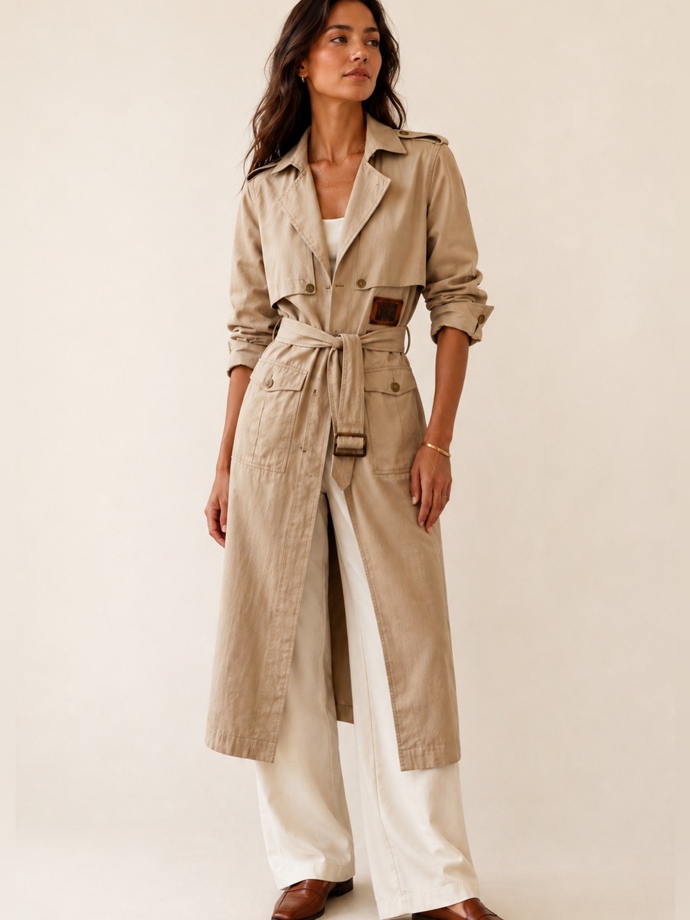 Spiegel | Vintage Cotton Safari Trench Coat Belted Utility Leather Trim Tan
